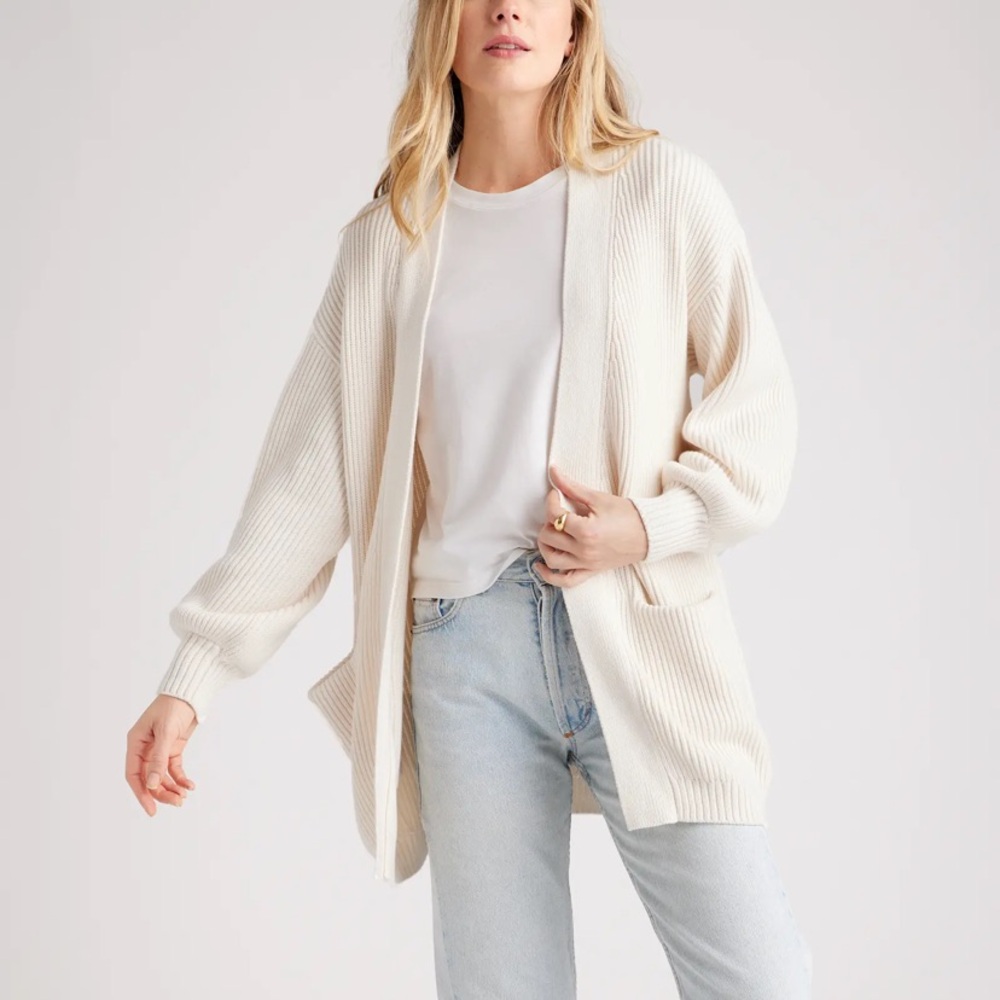 Quince Ivory Ribbed Oversized Open Front Cardigan Organic Cotton Women’s Large
